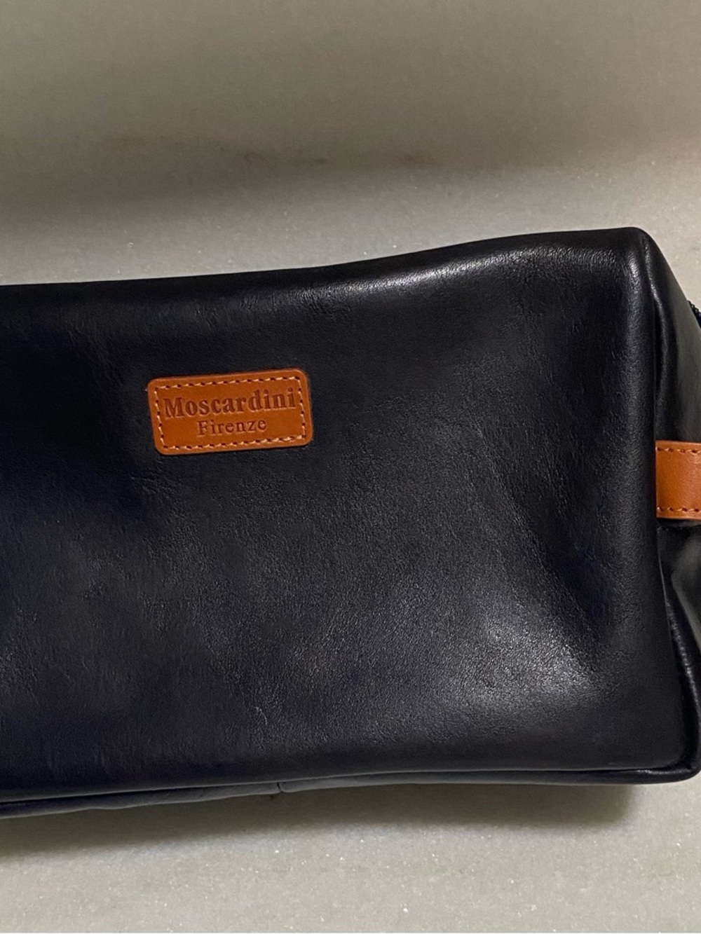 Black Leather Travel Dopp Kit with Tan Accents Moscardini Firenze - Picture 2 of 5